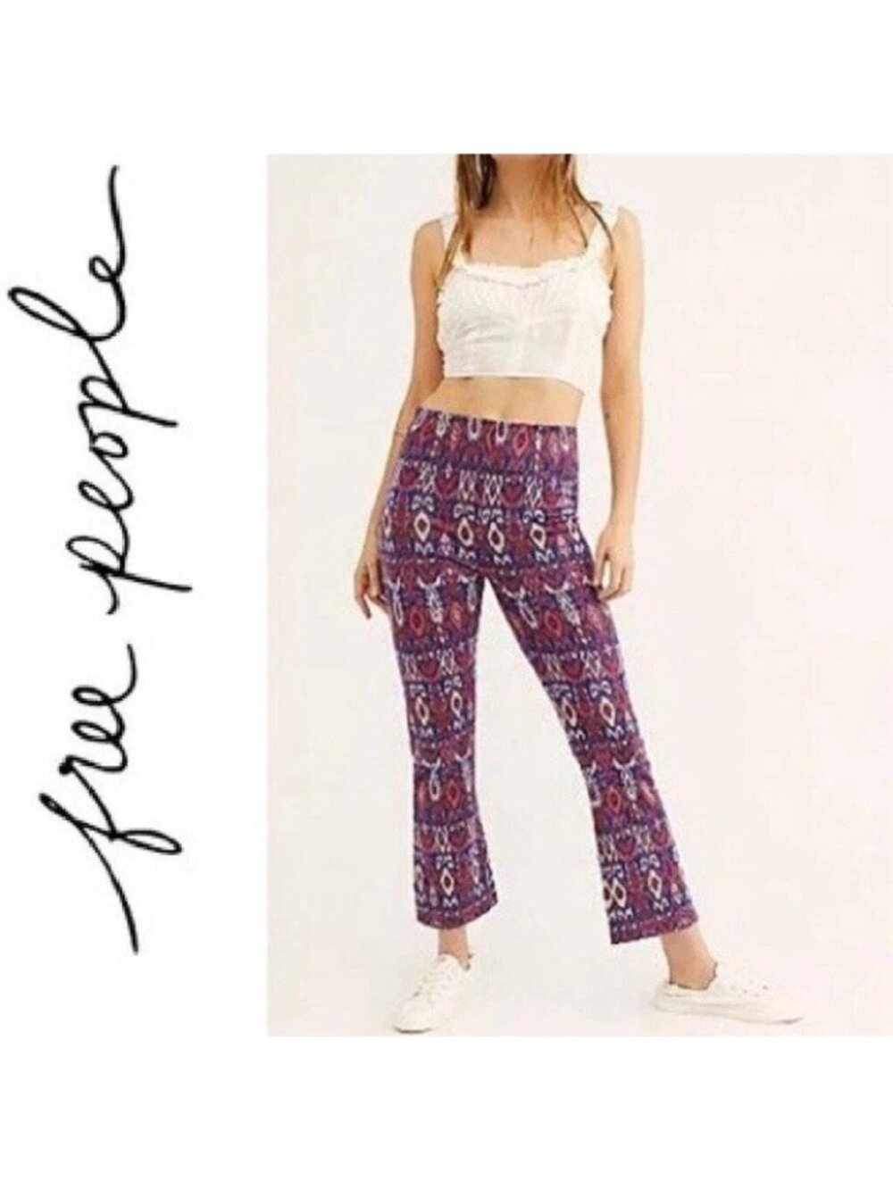 Free People Ikat Tribal Printed Pull On Knit Cropped Flare Pants Size 2 NWT